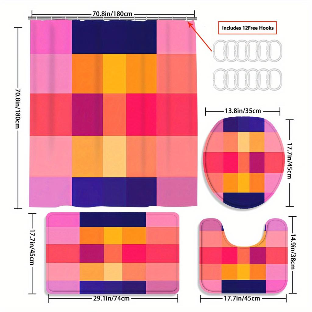 4pcs Creative Grid Shower Curtain Set with 12 Hooks - Shower Curtain, Bath Mat, Toilet Seat Cover And U-Shaped Rug - Machine
