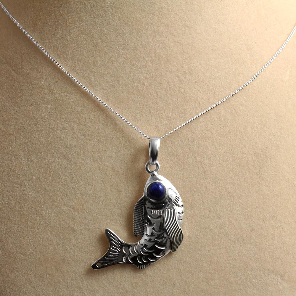Handgemachter Lapislazuli Fisch Anhänger Massiv 925 Sterling Silber Charm Schmuck