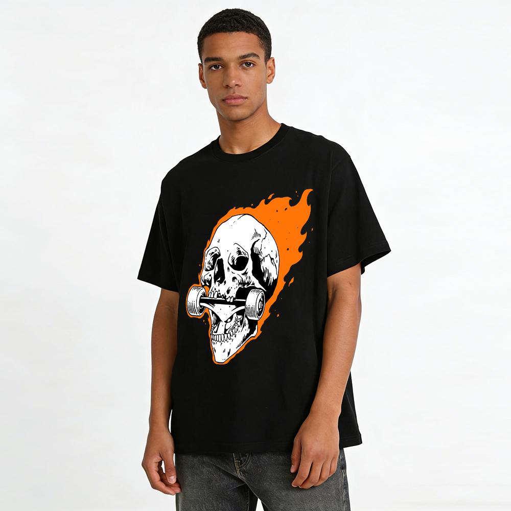 Flame Skull Biting Skateboard Street Style Cool Graphic Casual Top Pure Cotton T-shirt