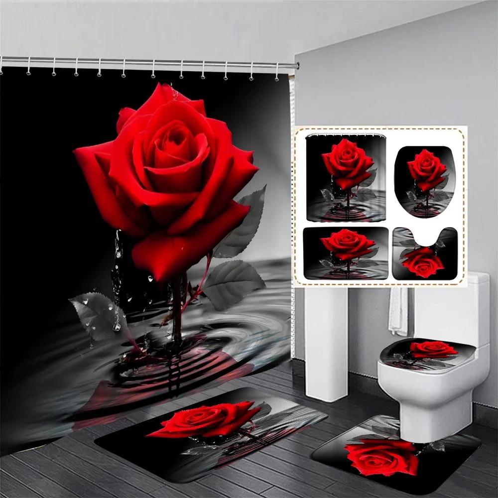 Valentine'S Day Shower Curtain Set Red Heart Shaped Rose Flowers Lovers Gift Home Bathroom Decoration Bath Mats Toilet Lid Cover