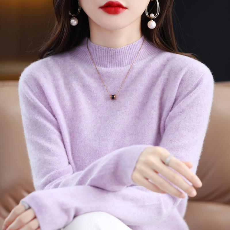 Women's Pure Wool Ribbed Sweater - Autumn/Winter Loose Fit Semi-High Neck Pullover