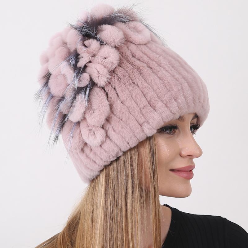 New Luxury Women Fur Hat For Winter Handmade Natural Rex Rabbit Fox Fur Cap Fluffy Female Fur Headgear Brand Warm Beanies Cap