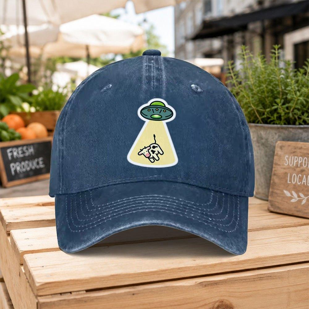 UFO Cow Print Washed Baseball Cap  Lightweight Duckbill Hat with Hook  Loop Unisex for Unisex  Women