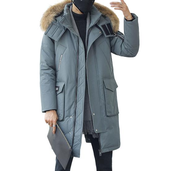 Men Down Jacket Fur Collar Hooded Long Sleeve Solid Color Winter Coat Zipper Placket