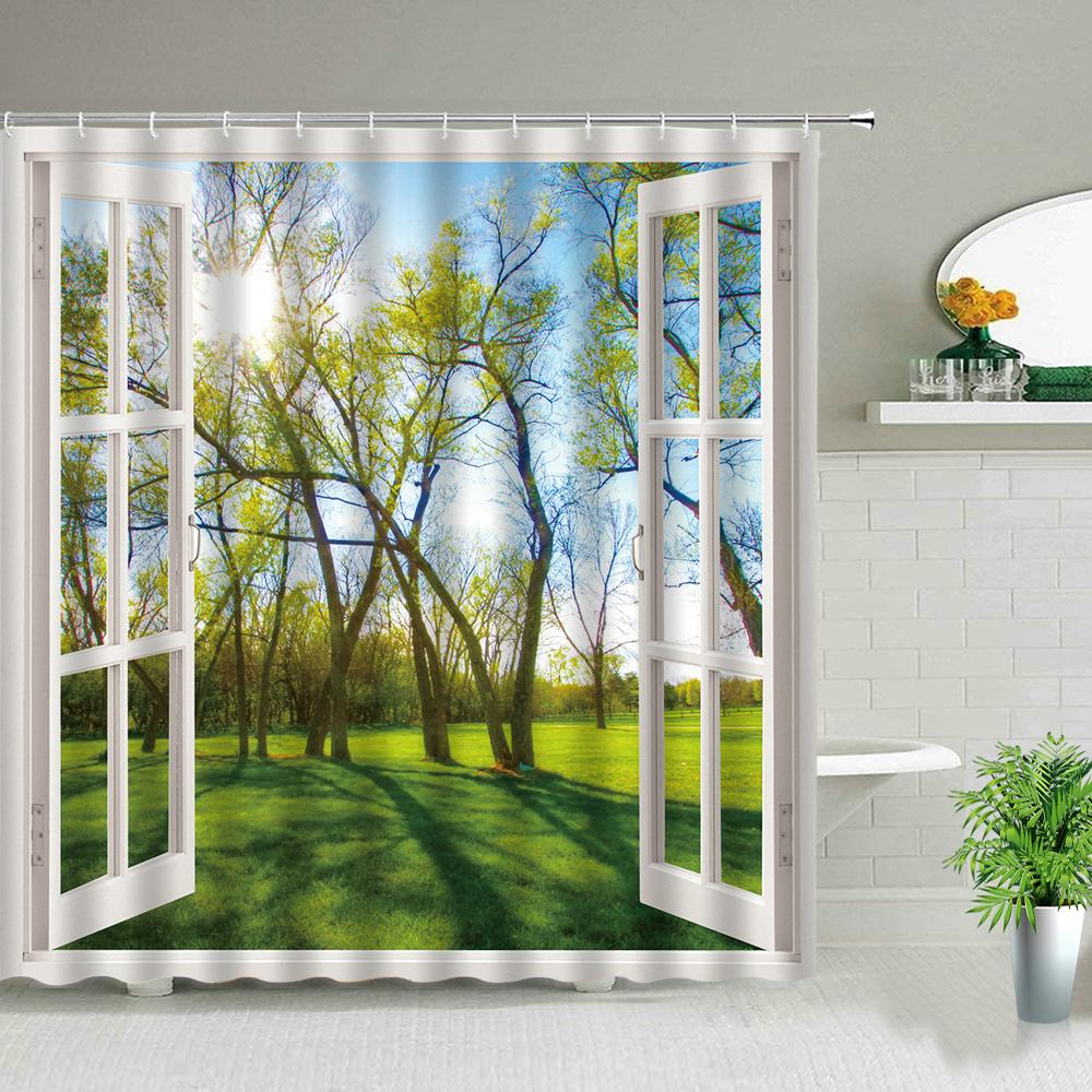 Forest Landscape Shower Curtains Green Tropical Plant Palm Tree Flower Leaves Garden Natural Scenery Bathroom Decor Bath Curtain