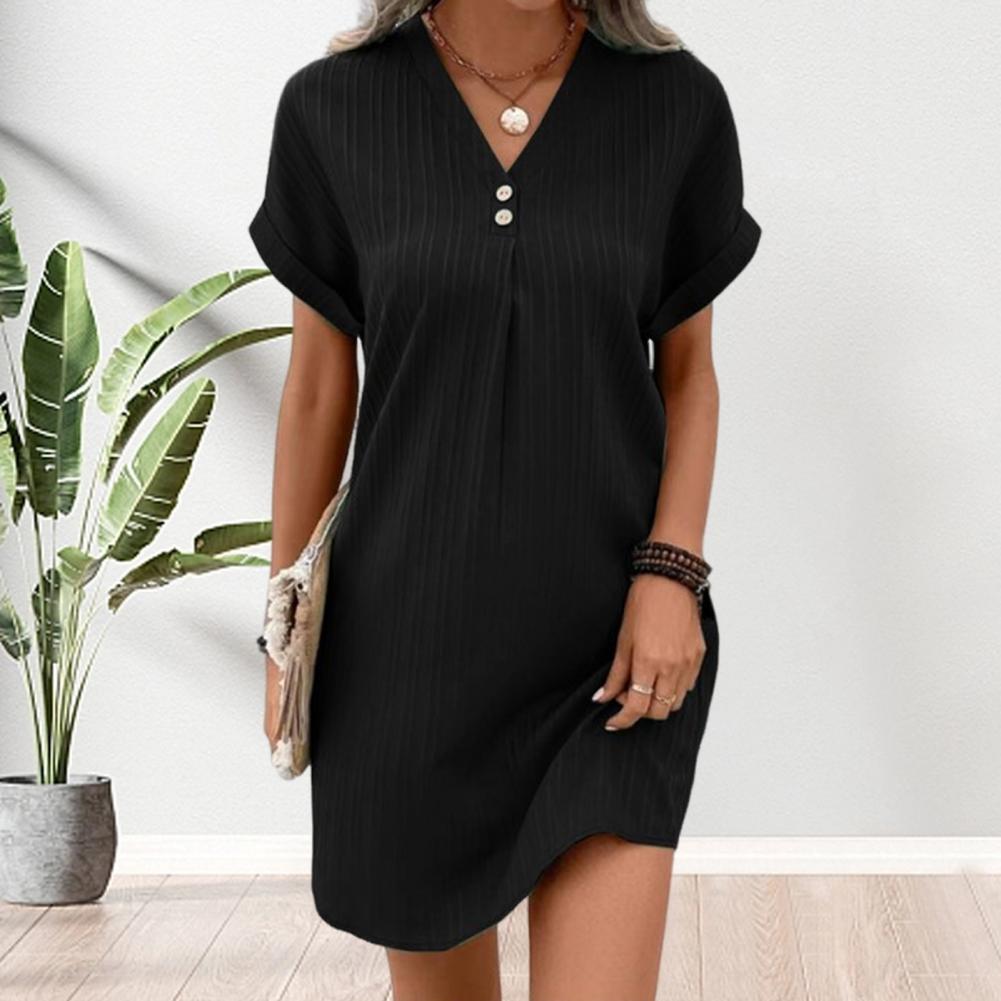 Summer Women Dress V-Neckline Button Short Sleeves Comfortable Fit Single Color Pullover Leisure Daily Wear Dating Mini Dress
