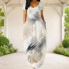 Women Plus Size Round Neck Short Sleeve Blue Printed Loose Long Dress With Side Pockets