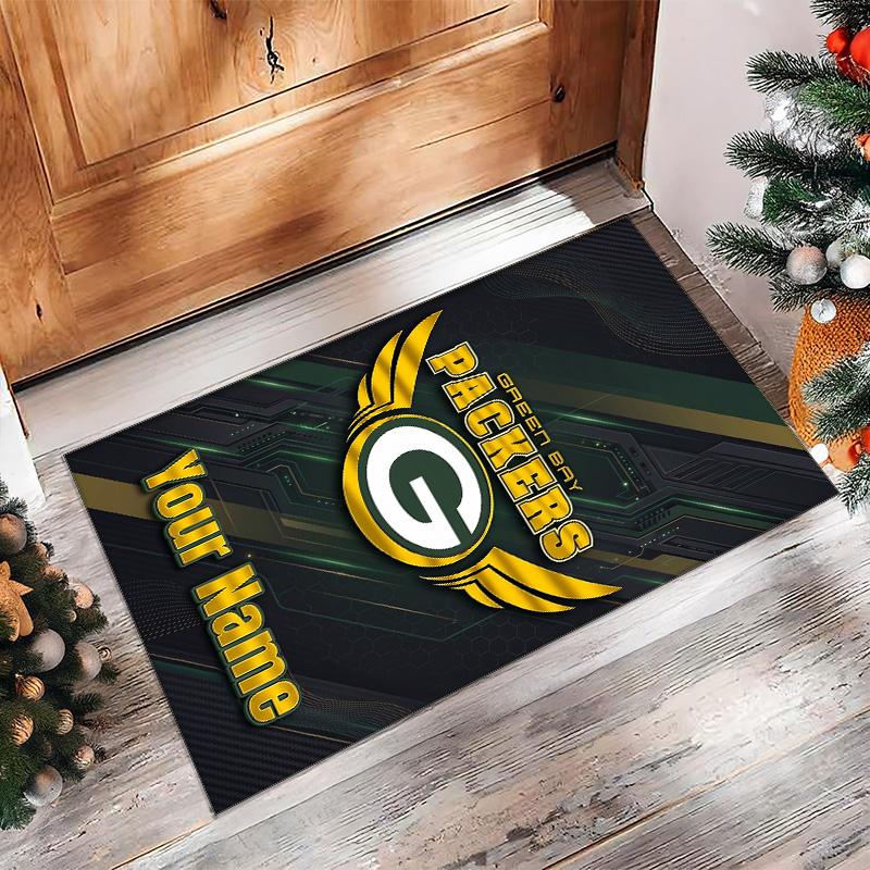 Green Bay Packers Crystal Velvet Rug, Custom Name Text Personalized Non‑Slip Floor Mat for Home Decor Gift