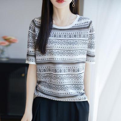 T-shirt lavorata a maglia da donna MODERN NEW SAGA Camicia estiva lavorata a maglia T-shirt a maniche corte Pullover con o-collo Top in maglia