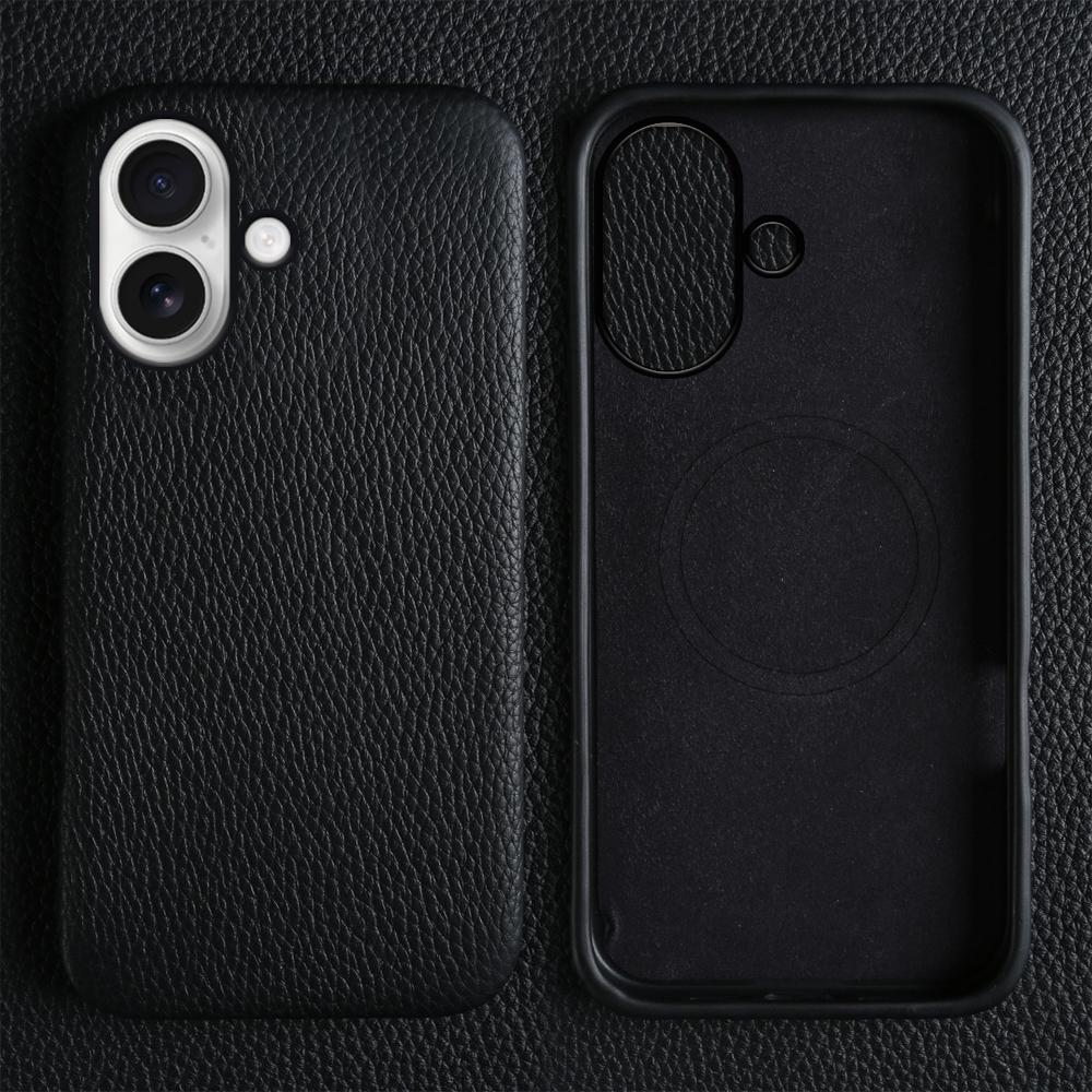 For iPhone 17 Case Compatible with MagSafe Litchi Texture Genuine Cow Leather + PC Phone Cover