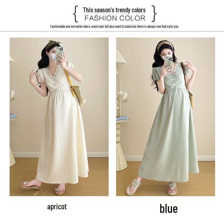 2026 Summer Maternity Dress: Elegant Neckline with Sequins, Loose Fit