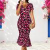 Women Plus Size V Neck Short Sleeve Printed Fitted Fishtail Dress