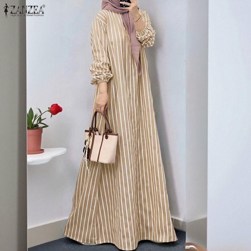 ZANZEA Women Casual Round Neck Long Sleeve Loose Stripe Long Dress
