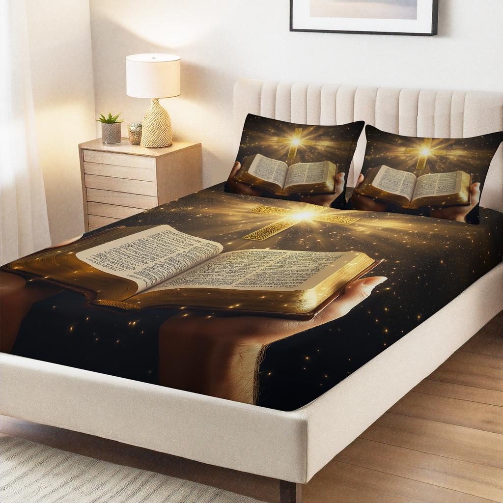 Latacaca 3pcs Religious Bible and Cross Fitted Sheet Set 1 Fitted Sheet and 2 Pillowcases All Seasons Bedding Set Perfect