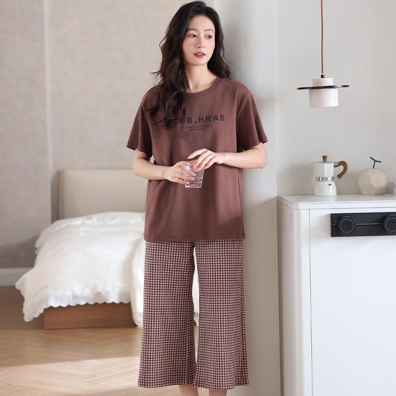 Summer new women's pajamas with chest pads, pure cotton breathable thin round neck pullover, cotton loungewear, large size simple