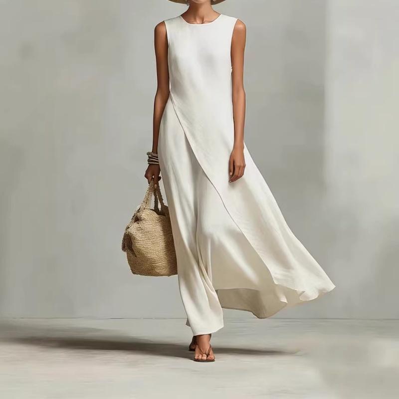 Damen Frühling Sommer Strand O-Ausschnitt Einfarbig Ärmellos Lang Elegant Party Maxikleid XS gray