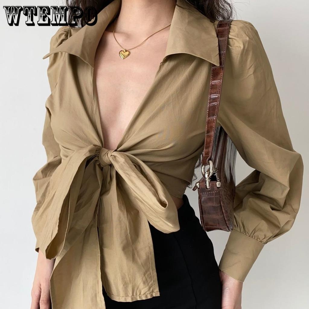 Wind Sexy Cross V-neck Tie Lantern Sleeve Shirt Women's High Waist Short Lapel Top
