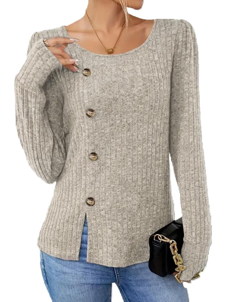 Autumn Solid O Neck Buttons Long Sleeve Loose Fit Slit T Shirt Women Spring Casual Tops