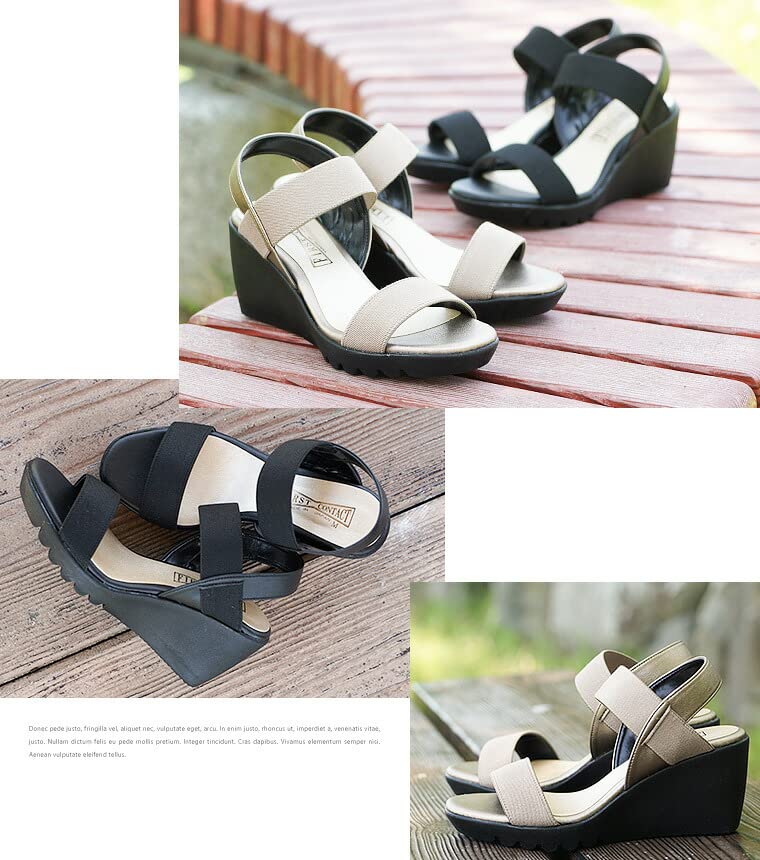 ArchContact Celebre Wedge Elastic Made in Size Size L Women's Sandals, 7.5cm Heel, Strap, Japan, 92308, Black,