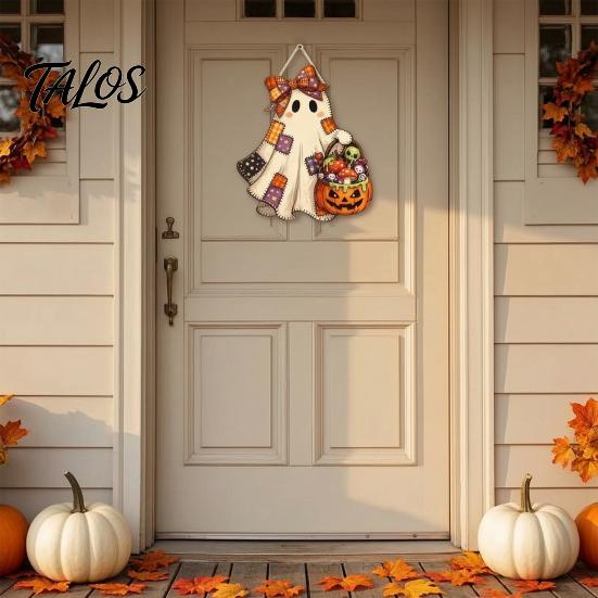 Indoor Entrance Hanger Halloween Cute Bow Ghost Door Sign, Wooden Patchwork Hanging Plaque with Pumpkin Candy Basket, Outdoor Porch Decor Retro