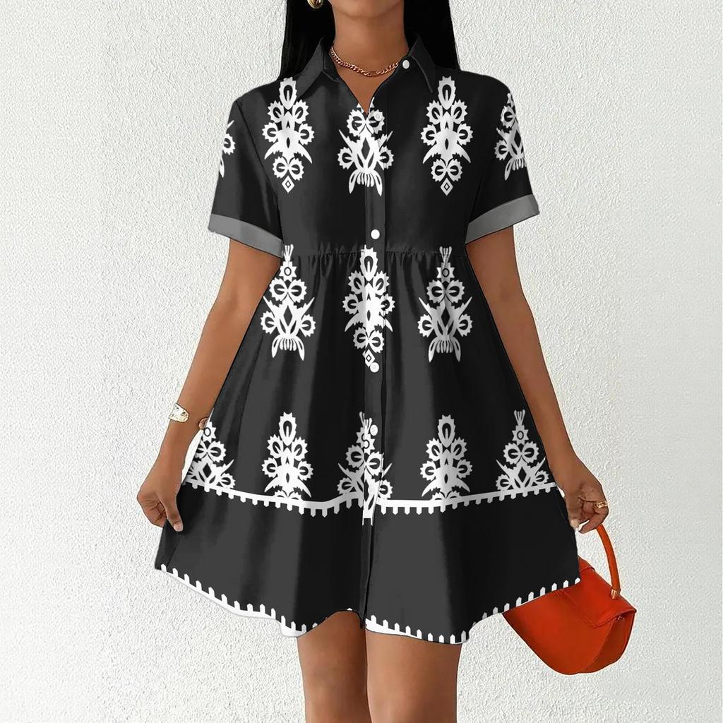 Women's Casual Loose Fit Shirt Dress Button Front Short Sleeve Collared Dress A-Line Hem Summer Dress