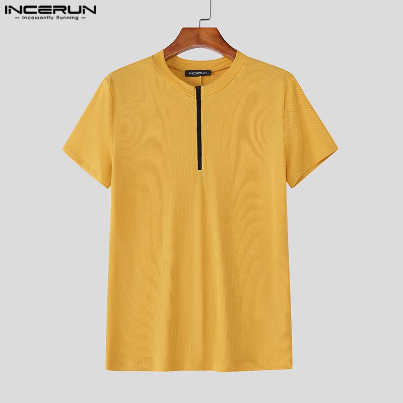 INCERUN Men Round Neck Short Sleeve Rib Fitted Casual T-shirts Tops Undershirts