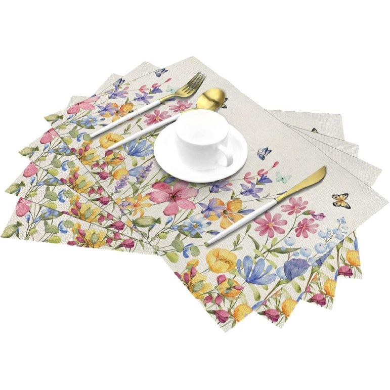 Spring Floral Placemats 12x18 Inches Set of 4 Colorful Flower Butterfly Decorative Rectangle Table Mats Summer Colorful Linen Place mats for Party