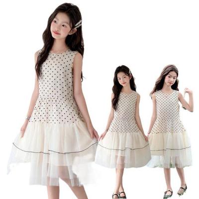 Girls' Sweet Polka Dot Sleeveless Summer Mesh Dress, Midi Style for Medium To Large Sizes, Princess Dress with Elegant Charm