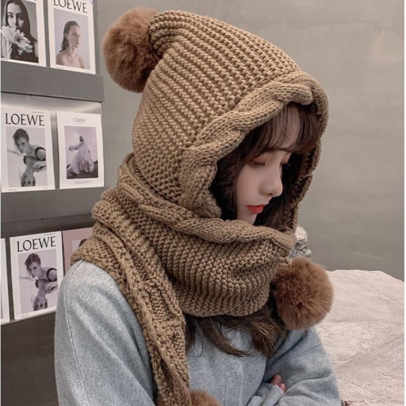 Fall Winter Korean Style Women's Versatile Scarf with Adorable Pom-Poms Ear-Warming Thickened Knit Hat for Extra Coziness