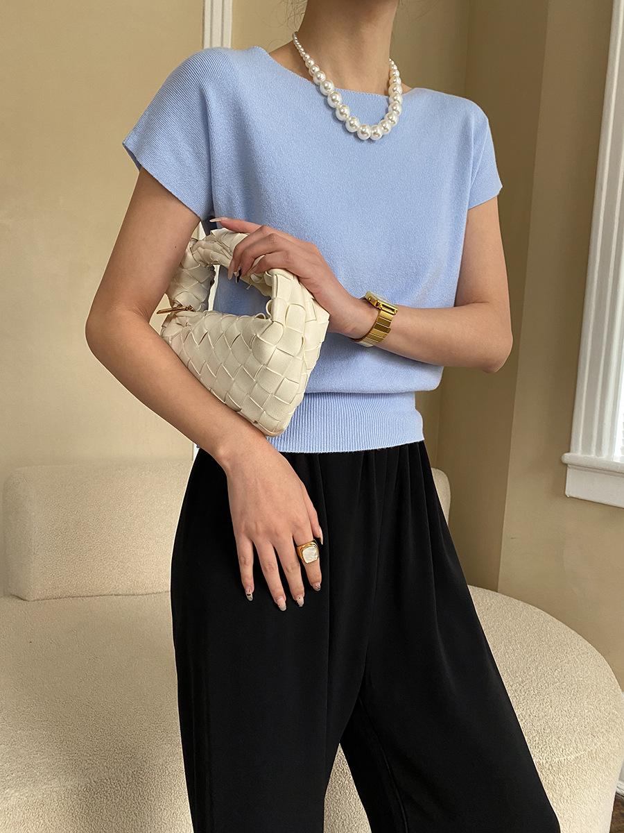 

Синан французский шик короткий рукав трикотажный свитер топ - 2024 осень/зима SN2648 One Size небесно-голубой