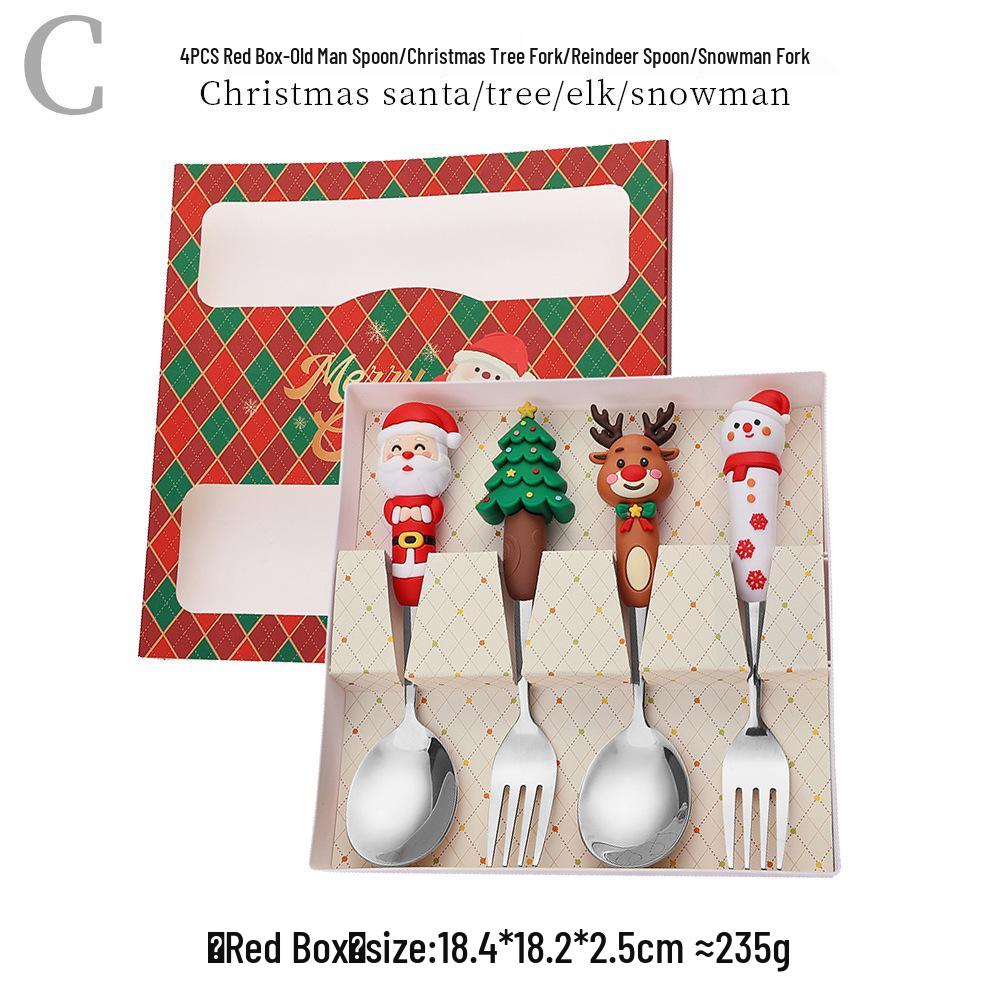 Reindeer Cartoon Christmas Spoon & Fork Set - Cute Stainless Steel Gift in Color Box