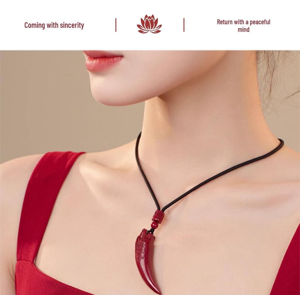 Putuoshan Cinnabar Wolf Tooth Pendant Necklace - Safety Amulet Gift for Women, Men, or Boyfriend