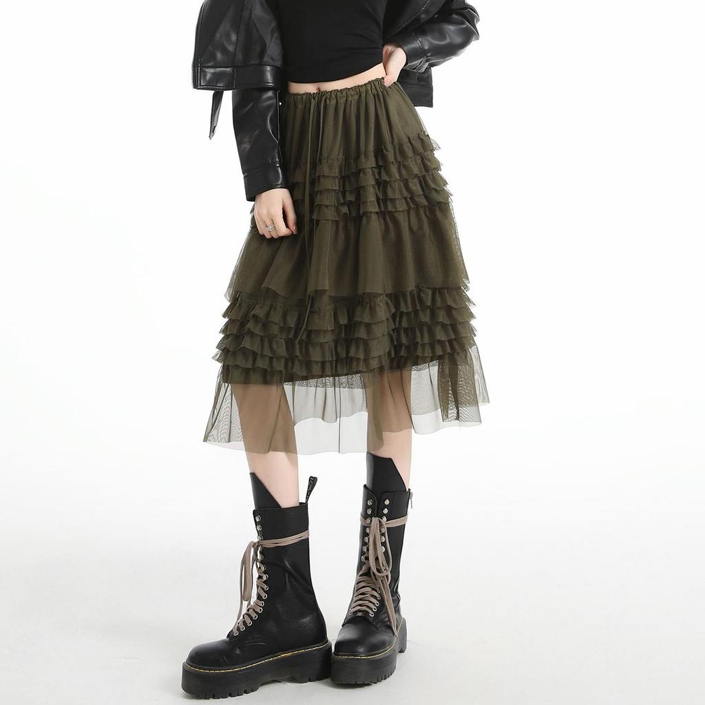 Korean Women's Layered Drawstring Mesh Skirt - Niche Design Fluffy Gauze Mid-Skirt