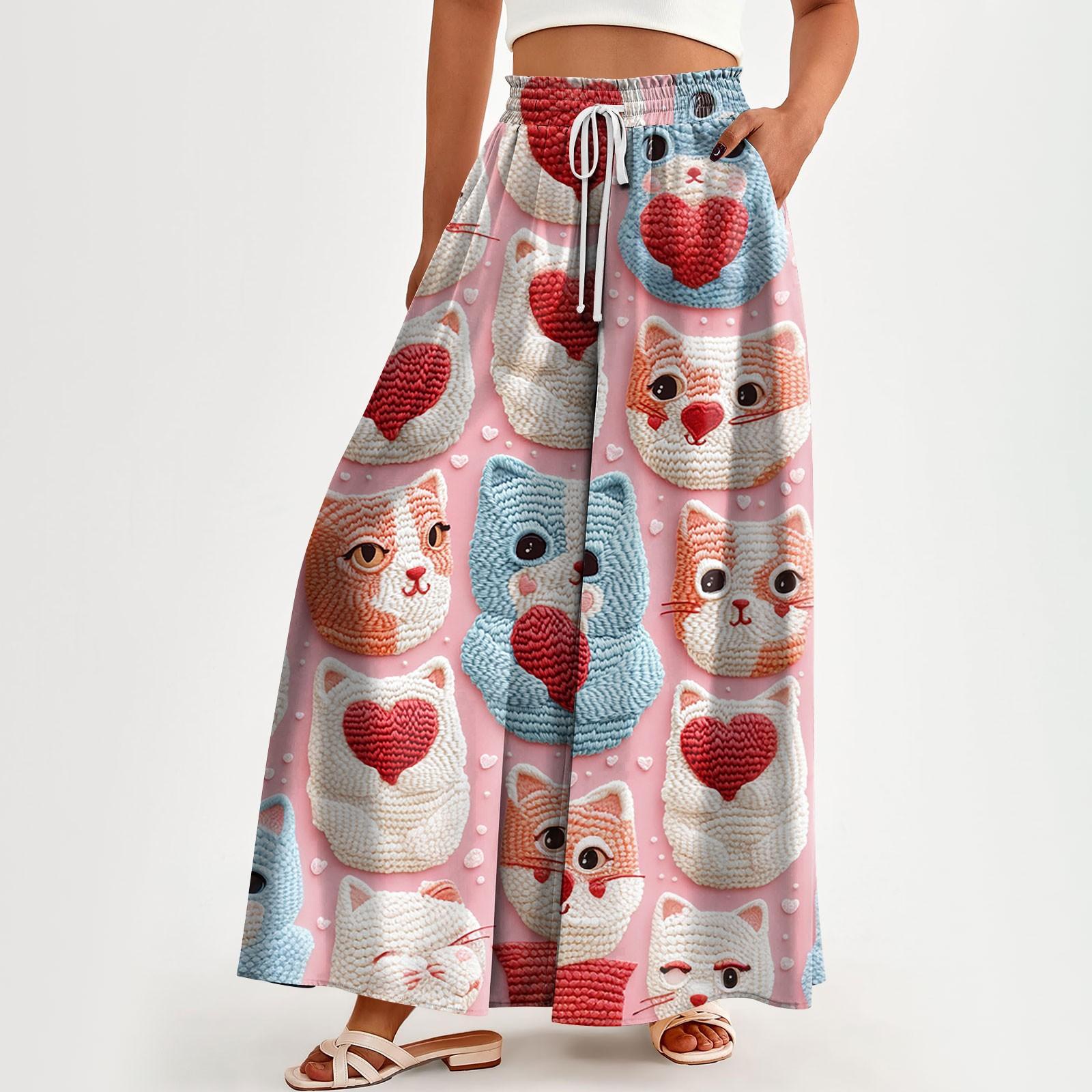 

Жіночі широкі брюки з високою талією, повсякденні брюки-палаццо, брюки з квітковим принтом і кишенею L рожевий