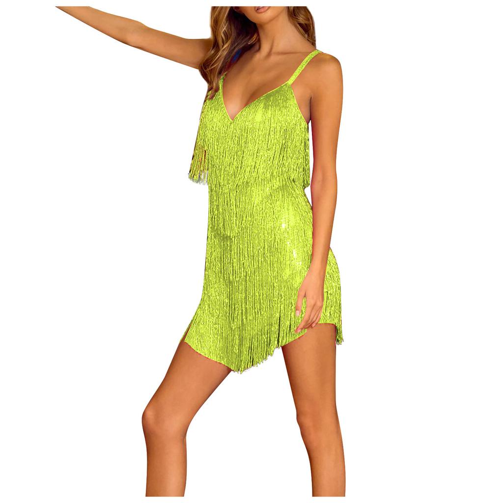 Women's Color Sleeveless Sling Tassel Dress Dress