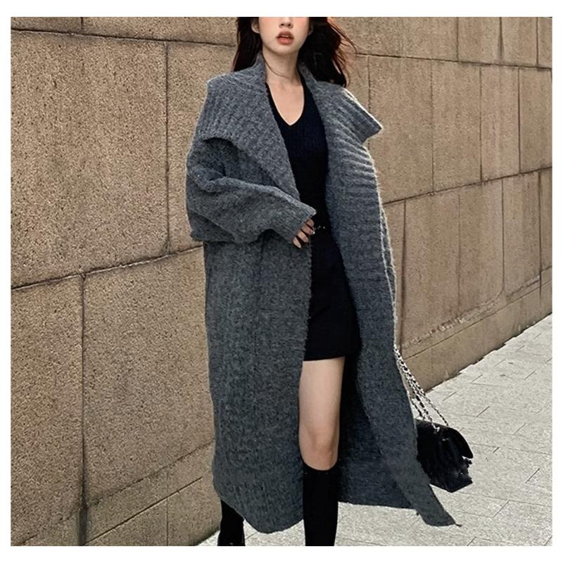 Large Lapel Collar Long-sleeved Sweater Jacket Women's Autumn and Winter Loose Lazy Wind Over the Knee High-end Long Knitted Cardigan