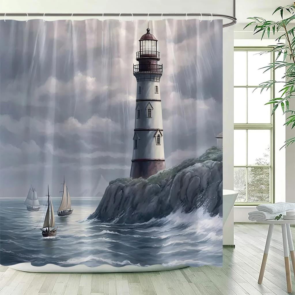 Sea Waves Nautical Shower Curtains Island Lighthouse Sailboat Ocean Landscape Bath Curtain Polyester Bathroom Decor with Hooks