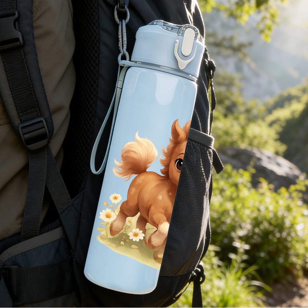 1PC Little Brown Horse Foal Cartoon Print 750ml Color Plastic Sports Water Bottle Leakproof Flip Straw Lid Suitable for Sports Office Home Use