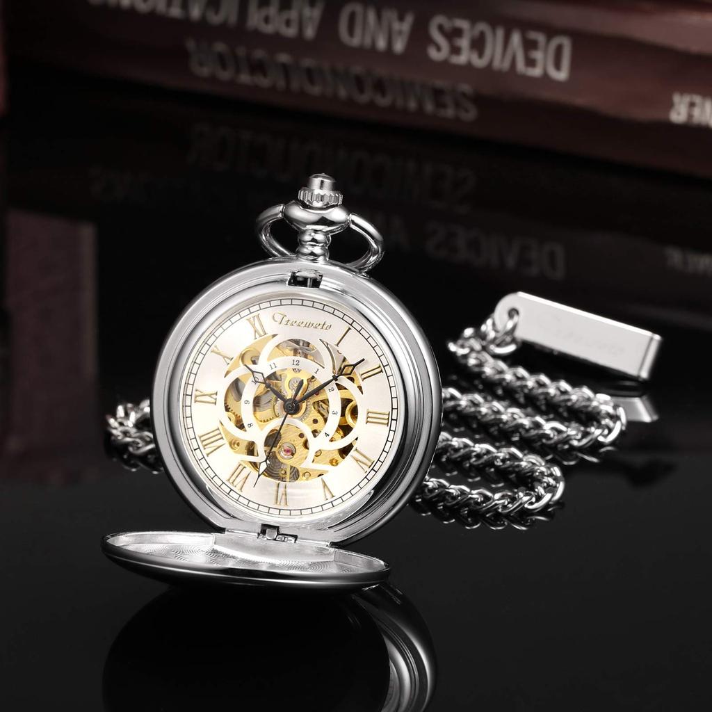 TREEWETO Mechanical Pocket Watch Antique Golden Dial Skeleton Roman Numerals Silver Double Hunter with Chain Lid