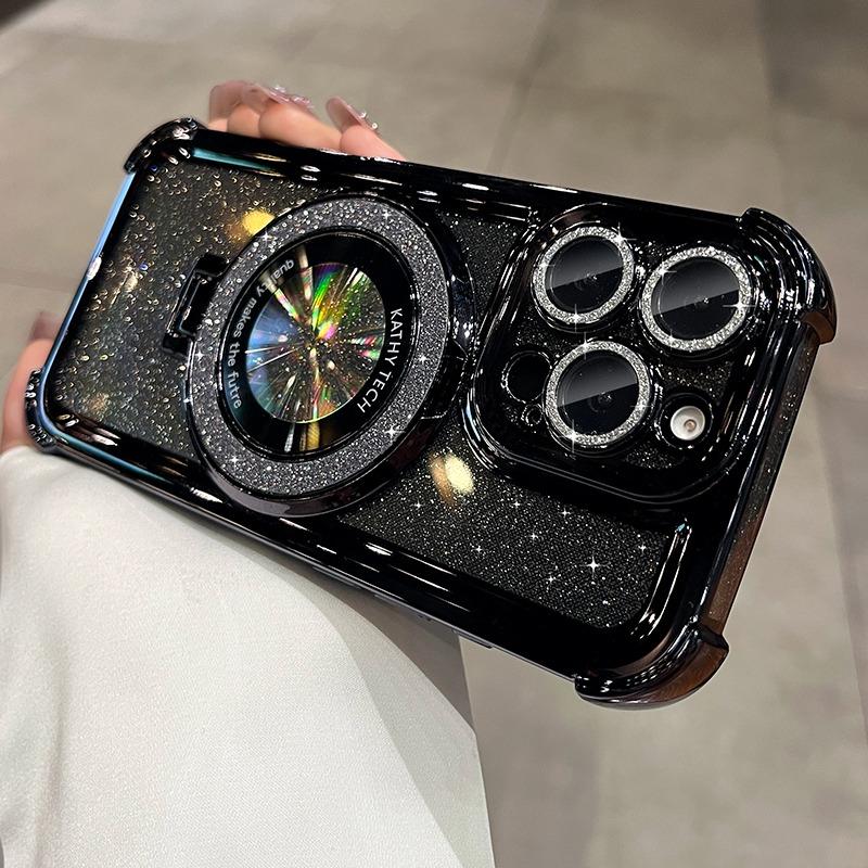 Double Bling Glitter Magsafe Bracket Case for iPhone 16 Pro Max Plus Transparent Plating Cover for iPhone 13 12 11 14 15 Pro Max