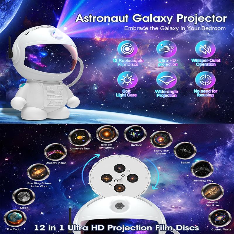 Astronaut Planetarium Projector for Bedroom 12 Image Discs, Galaxy Night Light, Ceiling Mood Lighting, LED Space Room Decor