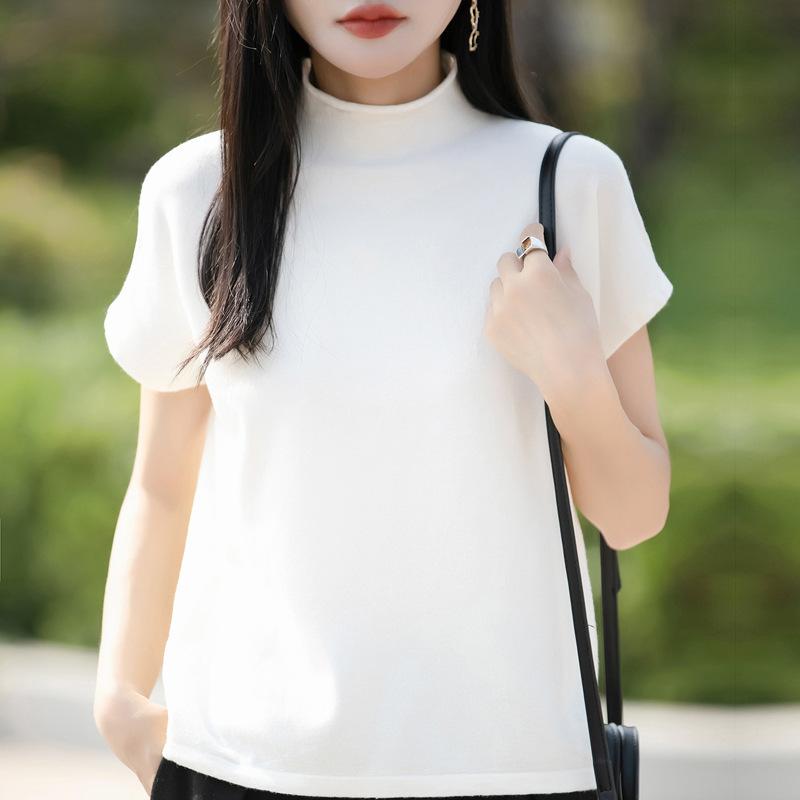 New Spring and Autumn Knitted Sweaters, Pullover Sweaters, Women's Short-sleeved Semi-high-neck Base Sweaters