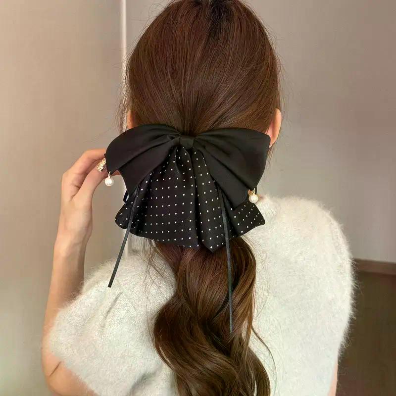 Korean Black Red Pearl Bow Hair Clips Shark Hair Claw Clip Hairpins Spring Clip Fashion Ponytail Barrettes Hair Accessories