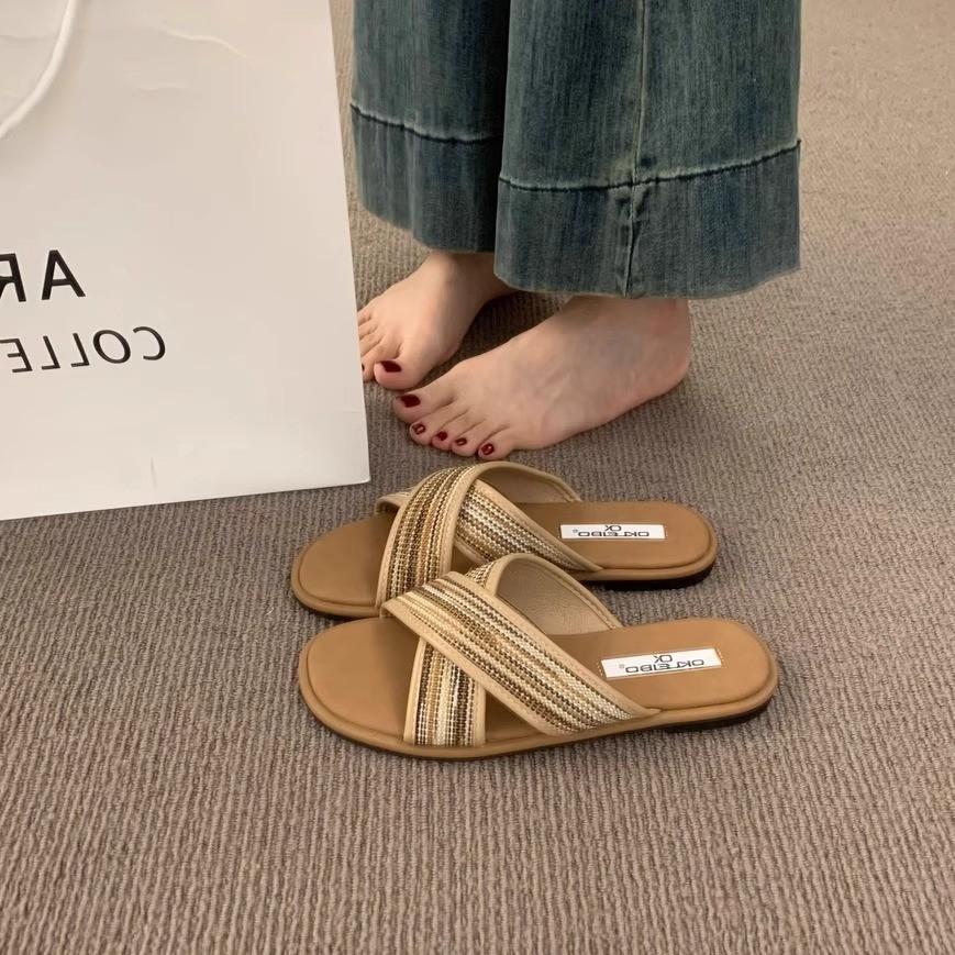 Fashion Bohemian Flat Bottom Woven Cross Strap Slippers Color Blocking Sandals Slipper for Outside Wear Soft Sole Versatile Beach Shoes