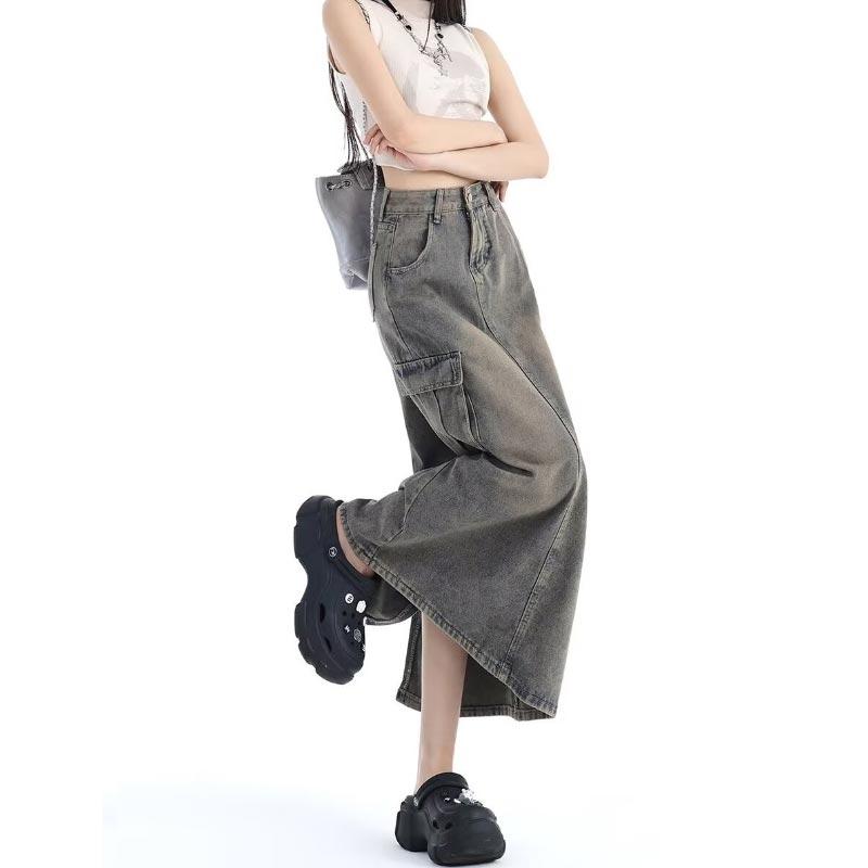 Women's Denim Cargo Skirt with Pocket High Waist Slit Retro Midi Skirt Y2K Clothing Casual Fashion All-match Spring Summer