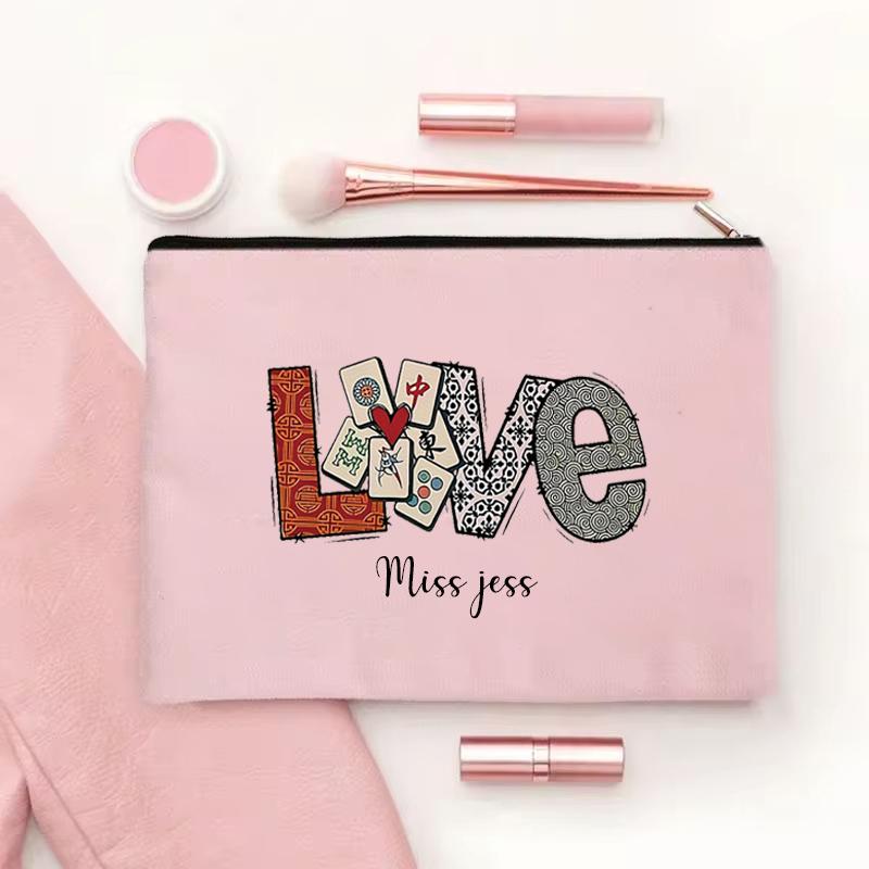 

Mahjong Customized Name Canvas Cosmetic Bag Wallet Zipper Storage Pen Bags Travel Perfume Lipstick Pouch Gift for Mahjong Lovers