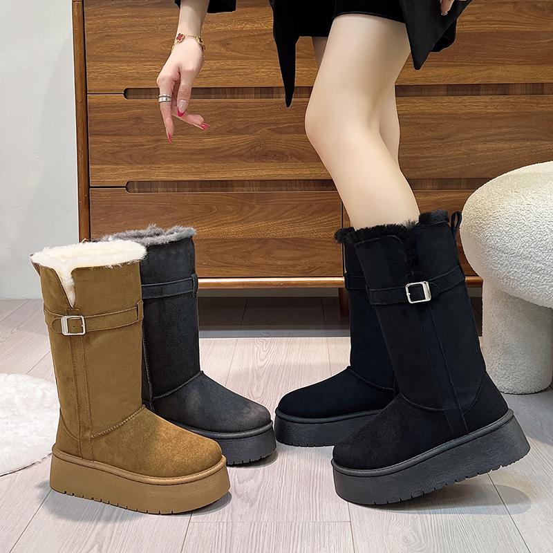 Mid-tube Cotton Boots  Winter New Belt Buckle Platform Plush Thickened Non-slip Snow Boots