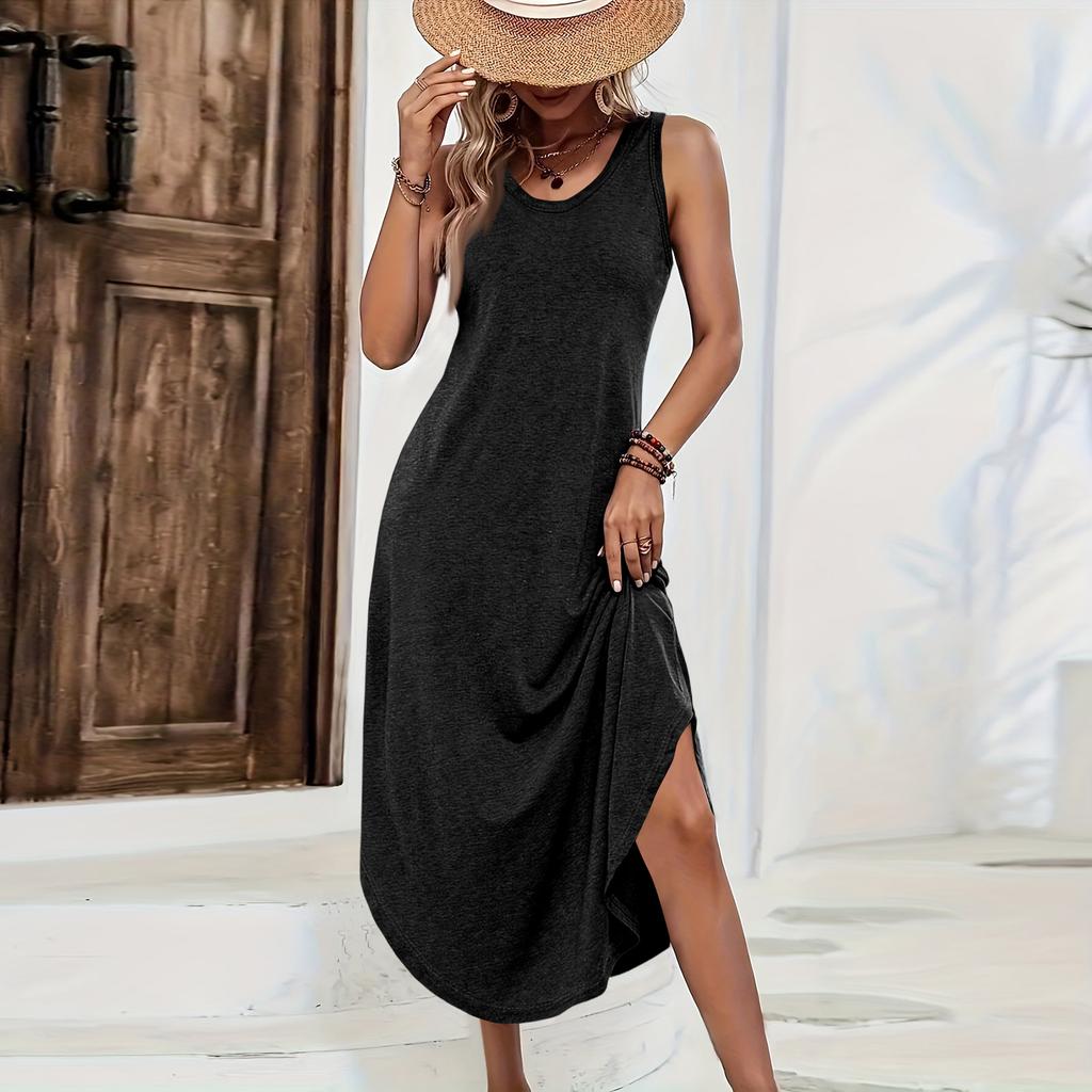 Ärmelloses lässiges Midi-Kleid in einfarbiger Ausführung mit lockerem Schnitt und seitlichem Schlitz, bequemes Sommerkleid für Damen