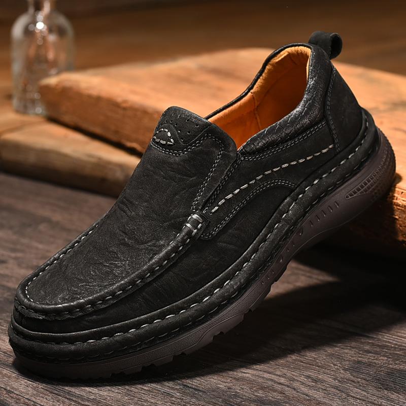 Fashion Genuine Leather Mens Loafers Anti-slip Rubber Man Casual Shoes Vintage Style Walk Shoes Slip-On Hiking Footwear Luxury Moccasins