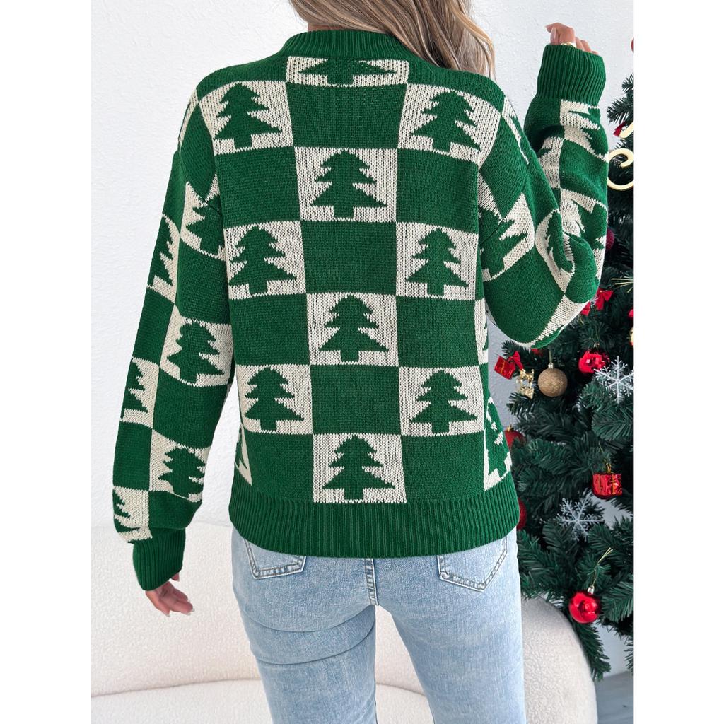 QICED Autumn and Winter Christmas Tree Checkered Lantern Long-sleeved Pullover Sweater Women's Clothing